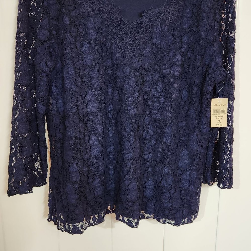 NWT Coldwater Creek Navy blue lace applique blouse  XL